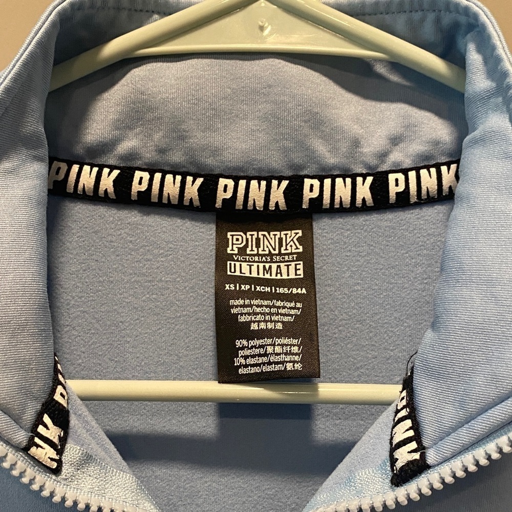 PINK Victoria Secret Blue Quarter Zip Pullover Logo Sleeve Athleisure Top XS - Picture 2 of 5